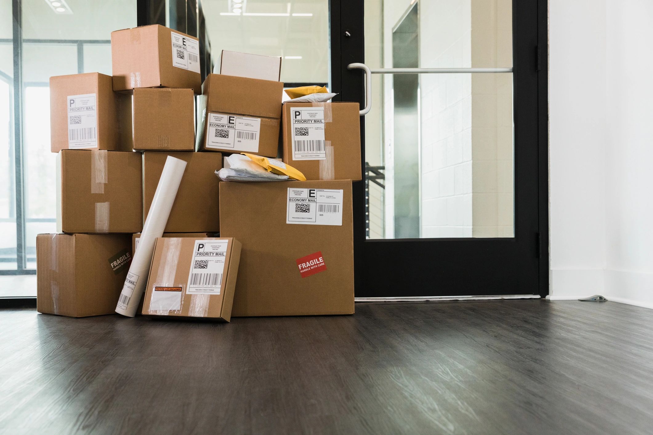 Stack of delivered packages inside an entryway