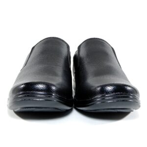 Black leather Oxford dress shoe on a white background.